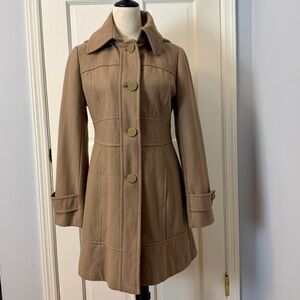 Kenneth Cole Women's Mid Length Wool Blend Camel Coat Removable Hood Size 6